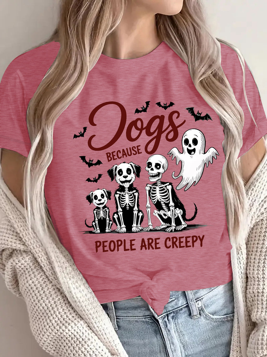 Women's "Dogs Because People Are Creepy" Halloween Printed T-Shirt - Short Sleeve Graphic Tee