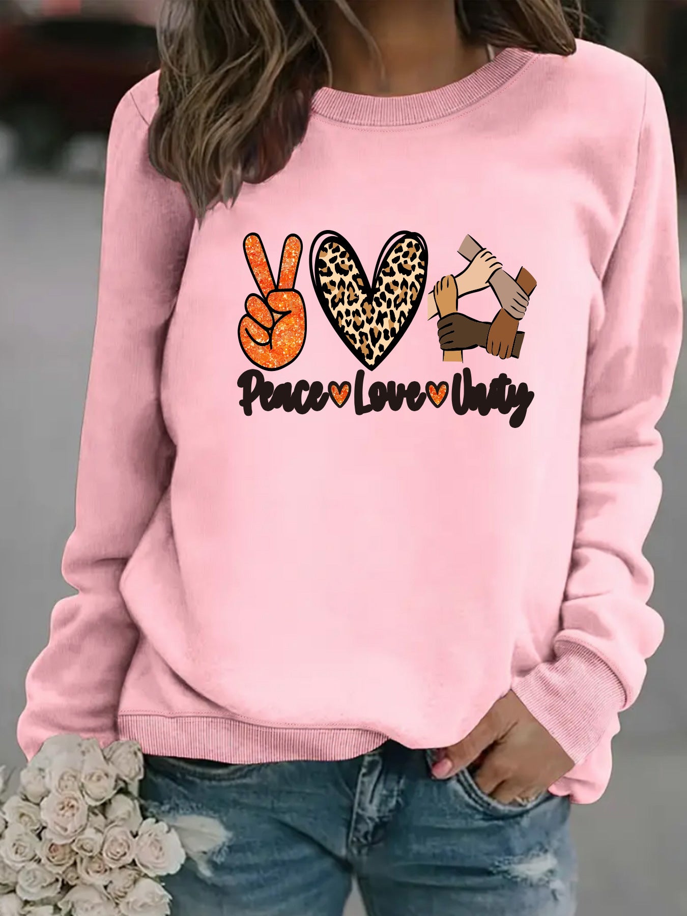 Women’s Peace Love Unity Printed Pullover – Casual Long Sleeve Crew Neck Graphic Sweatshirt