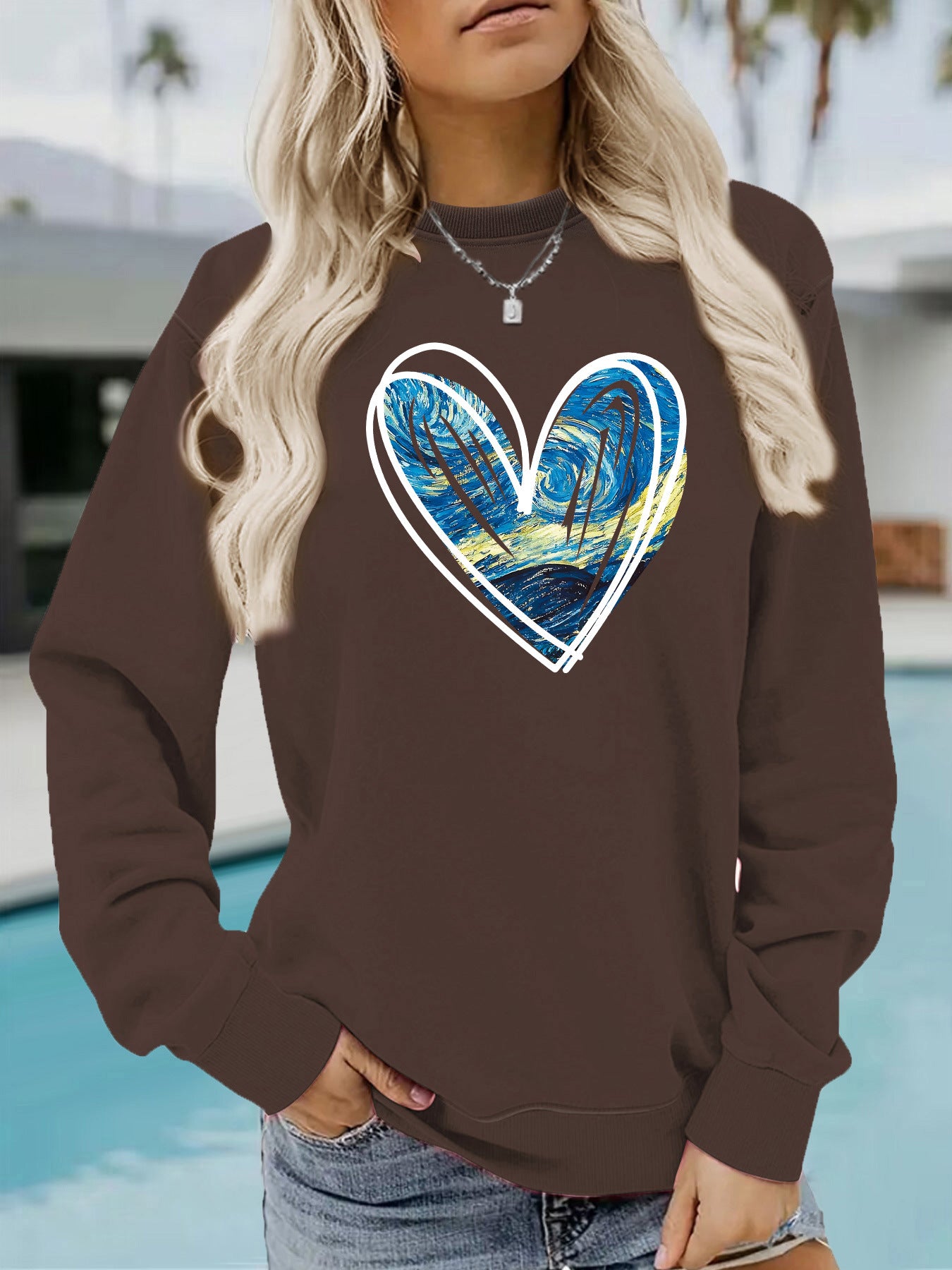Heart Print Crewneck Sweatshirt - Abstract Graphic Pullover for Women from Mish Mash Market