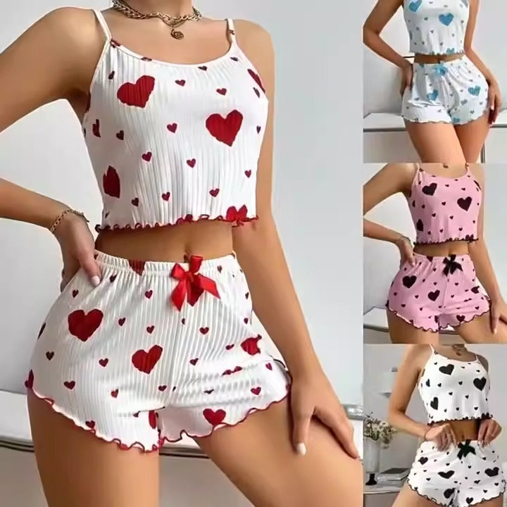 Women’s Two-Piece Love Heart Print Pajamas – Sleeveless Crop Top and Ruffle Shorts Set from Mish Mash Market