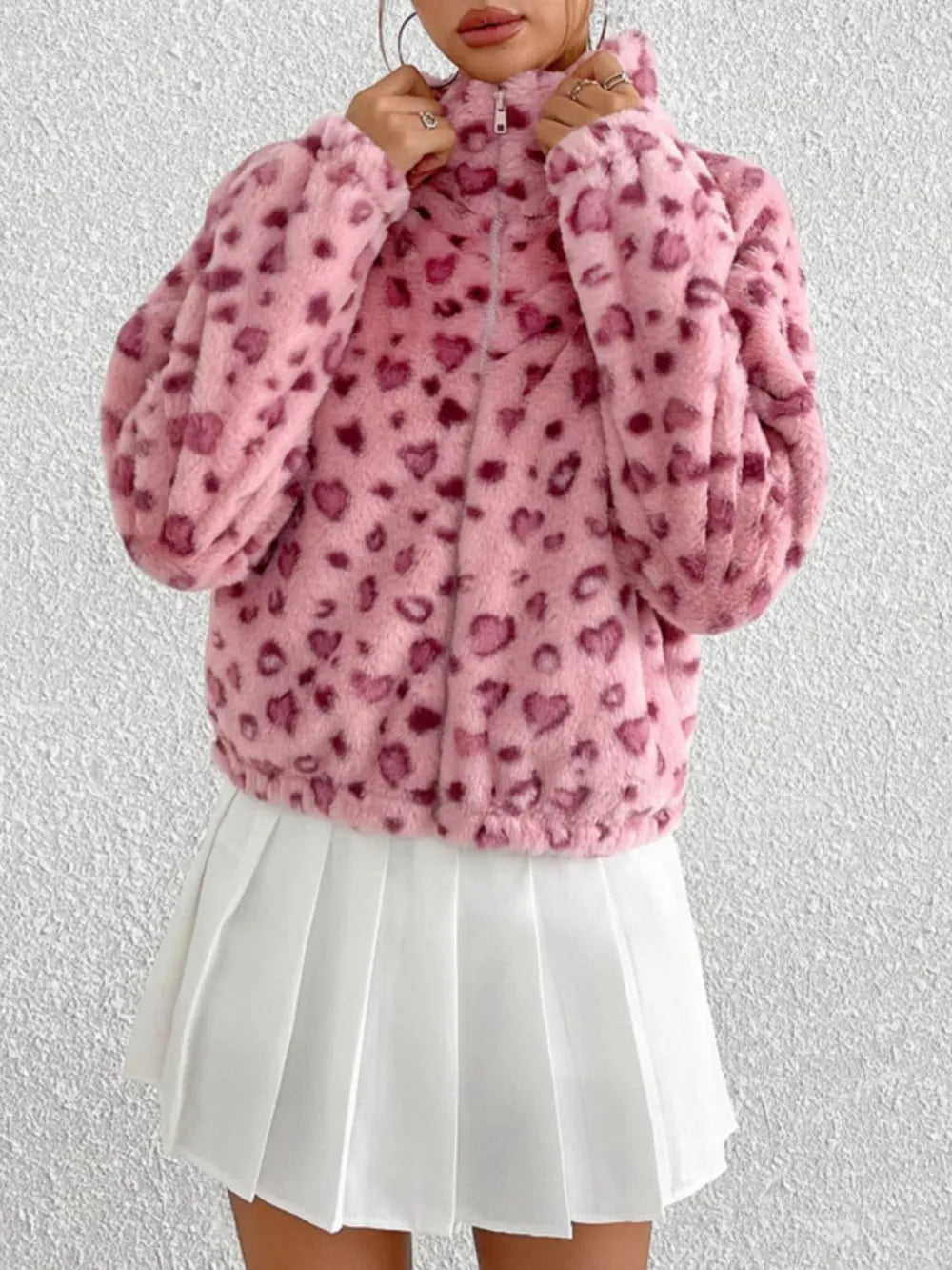 Women’s Valentine’s Day Love Print Faux Fur Jacket – Long Sleeved Zippered Plush Coat