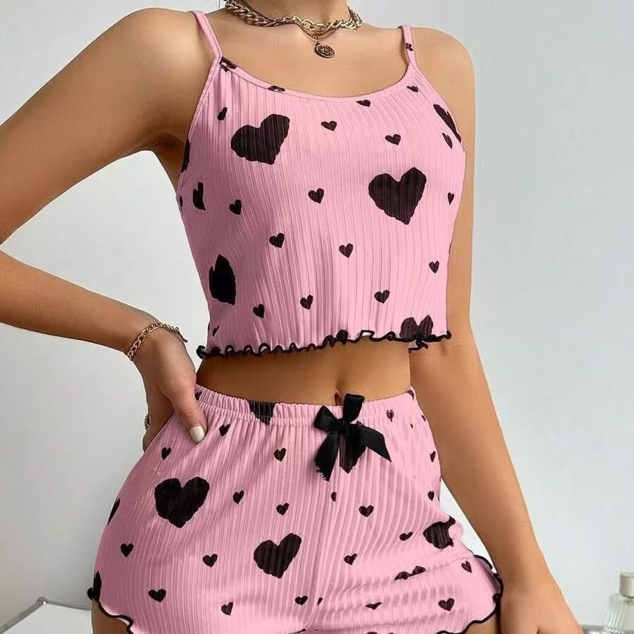 Women’s Two-Piece Love Heart Print Pajamas – Sleeveless Crop Top and Ruffle Shorts Set