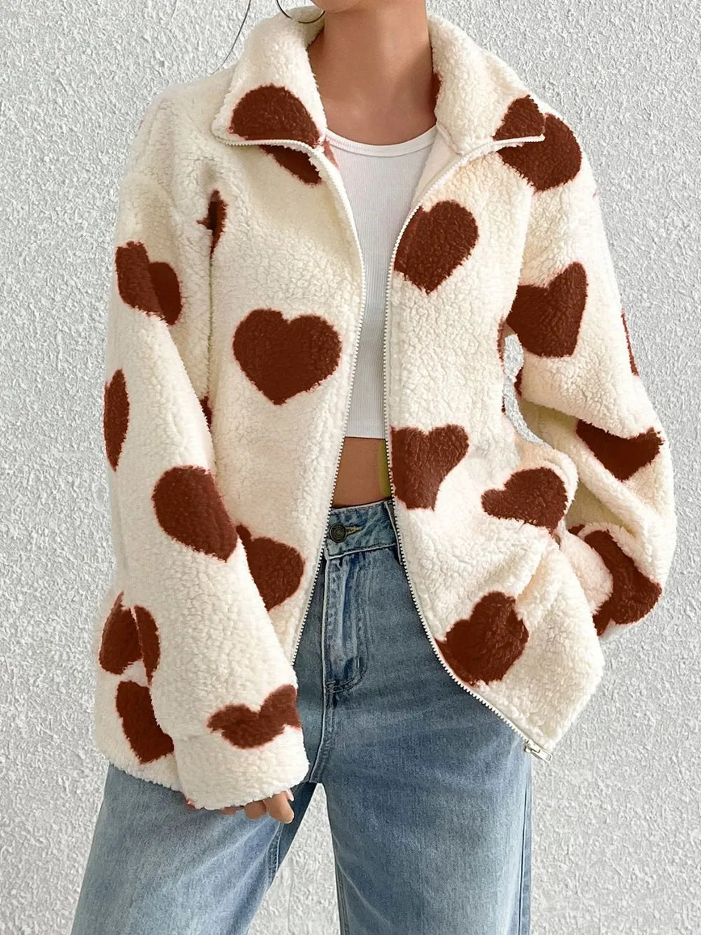 Women’s Long Sleeve Love Heart Print Zipper Cardigan Jacket – Relaxed Fit Fall Outerwear