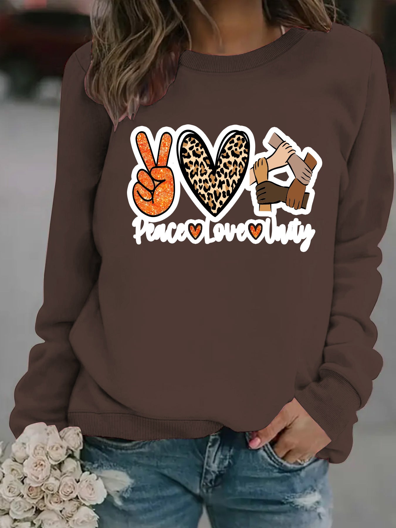 Women’s Peace Love Unity Printed Pullover – Casual Long Sleeve Crew Neck Graphic Sweatshirt