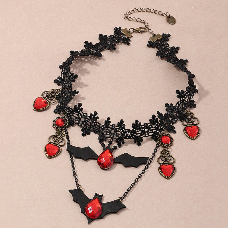 Gothic Lace Bat Choker Necklace with Red Crystal Charms from Mish Mash Market