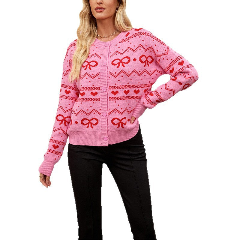 Women’s Valentine's Day Heart Pattern Cardigan – V-Neck Long Sleeve Knitted Sweater Jacket