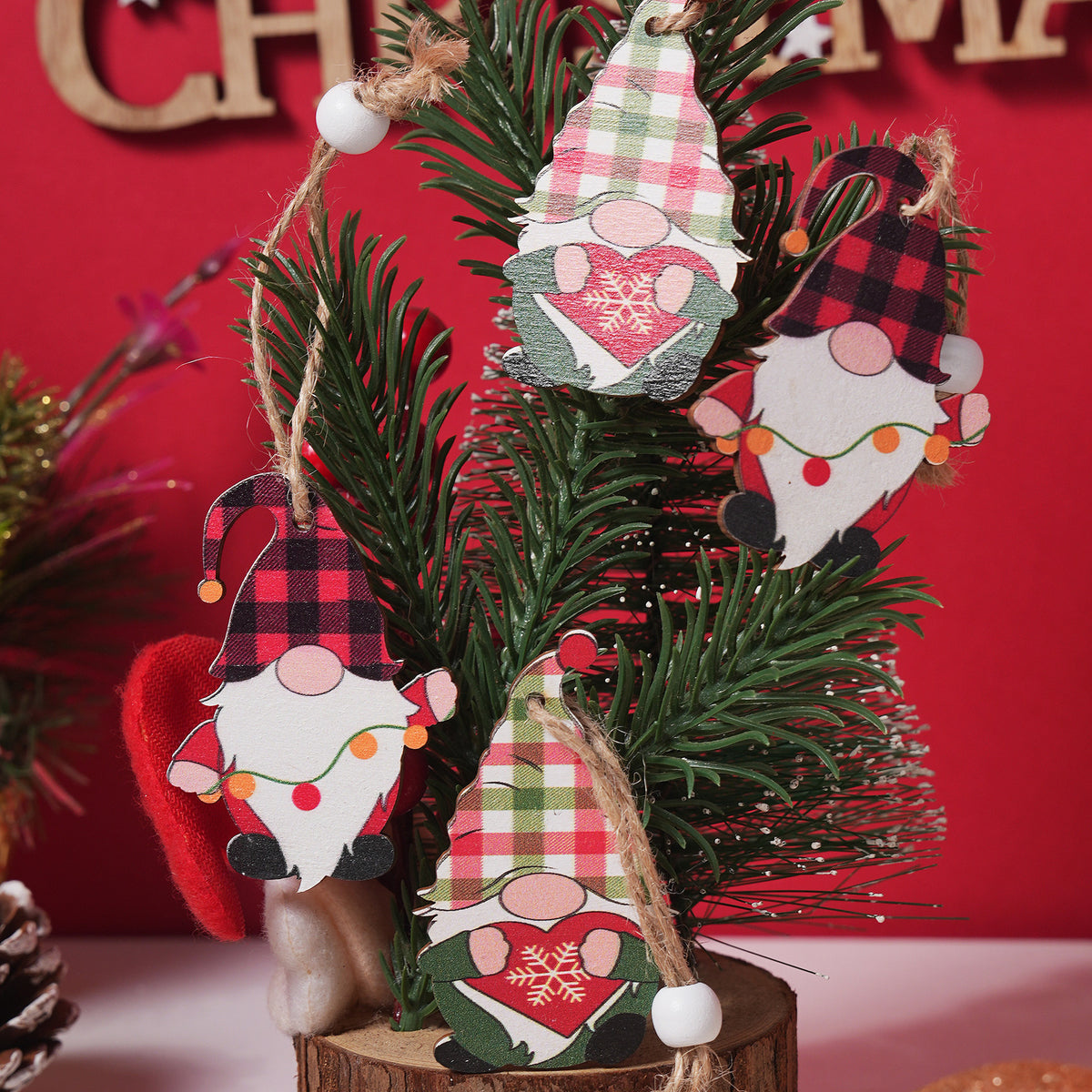 12-Piece Wooden Christmas Gnome Ornaments Set