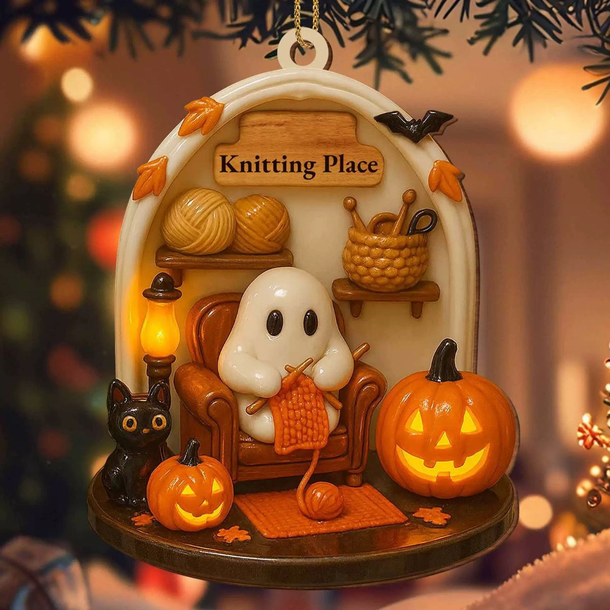 Handmade Spooky Halloween Reading Nook Acrylic Ornament – Cozy Ghost Decoration from Mish Mash Market