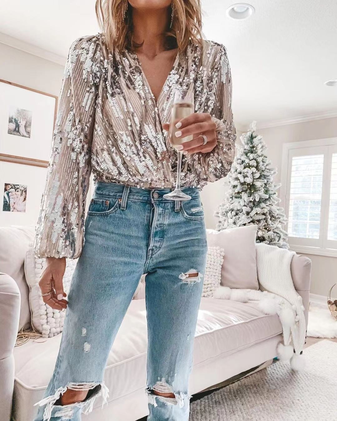 Women’s V-Neck Sequin Party Top - Sparkly Long Sleeve Evening Blouse