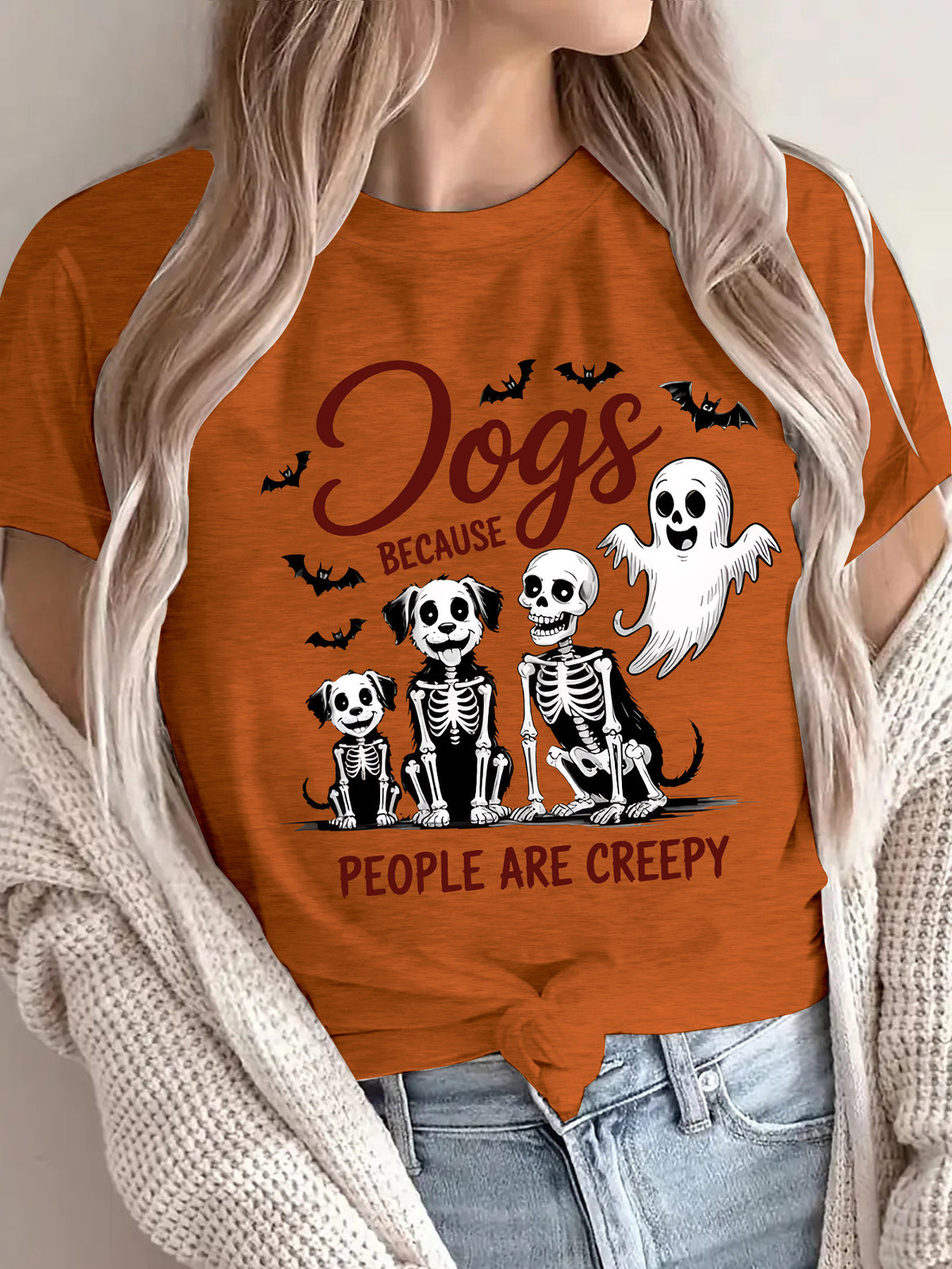 Women's "Dogs Because People Are Creepy" Halloween Printed T-Shirt - Short Sleeve Graphic Tee
