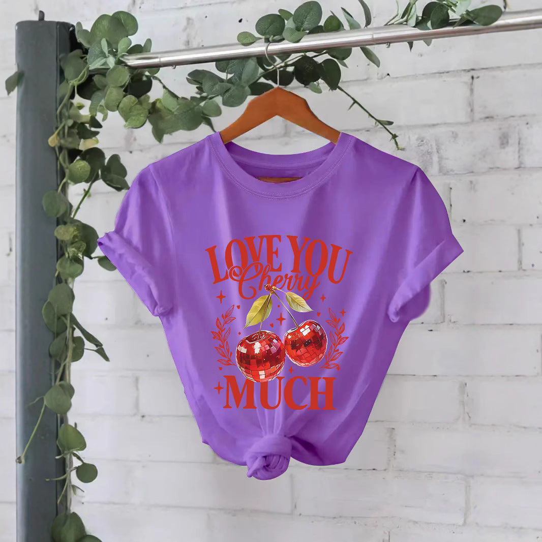 Women’s Cherry Graphic T-Shirt – Love You Cherry Much Short Sleeve Crew Neck Tee