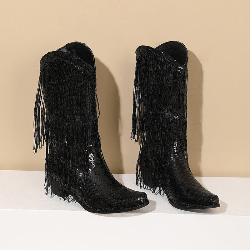 Shiny Glitter Western Boots with Tassels - Women's Mid-Calf Sequin Heeled Boots from Mish Mash Market