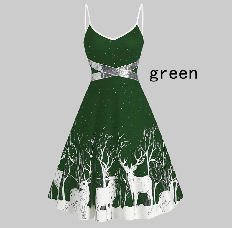 Women's Christmas Deer Print A-Line Dress with Silver Accent Trim