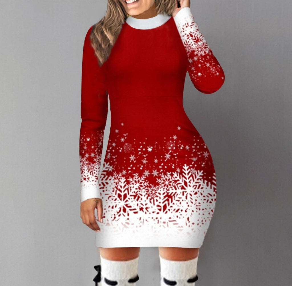 Women's Christmas Print Long Sleeve A-Line Dress