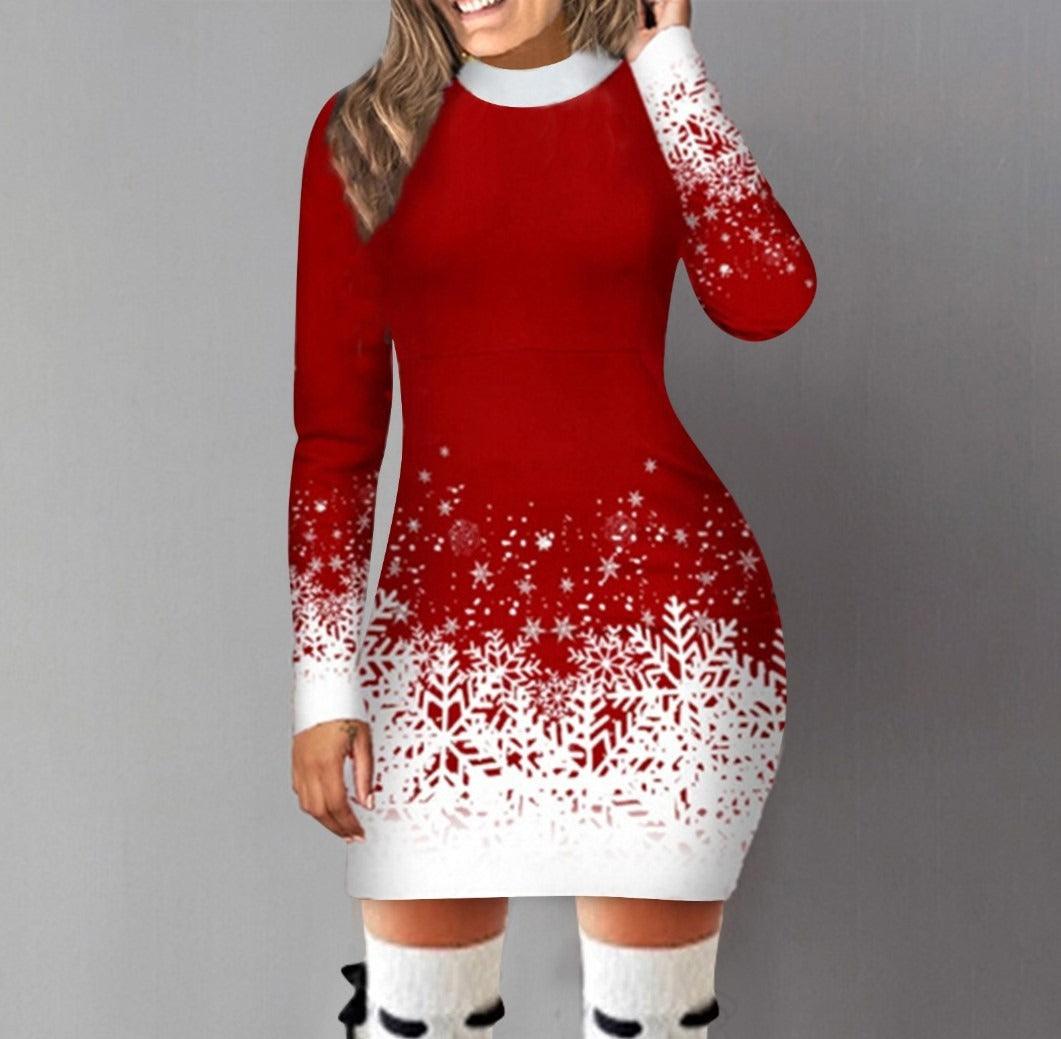 Women's Christmas Print Long Sleeve A-Line Dress
