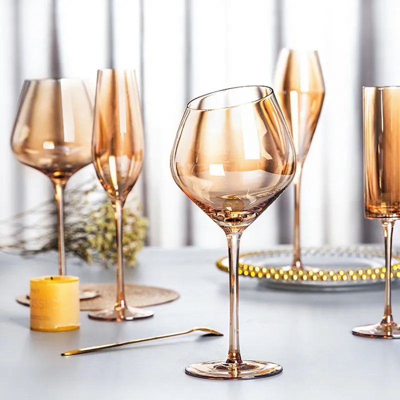 Nordic Luxury Amber Champagne Flutes – Gold Rimmed Lead-Free Crystal from Mish Mash Market
