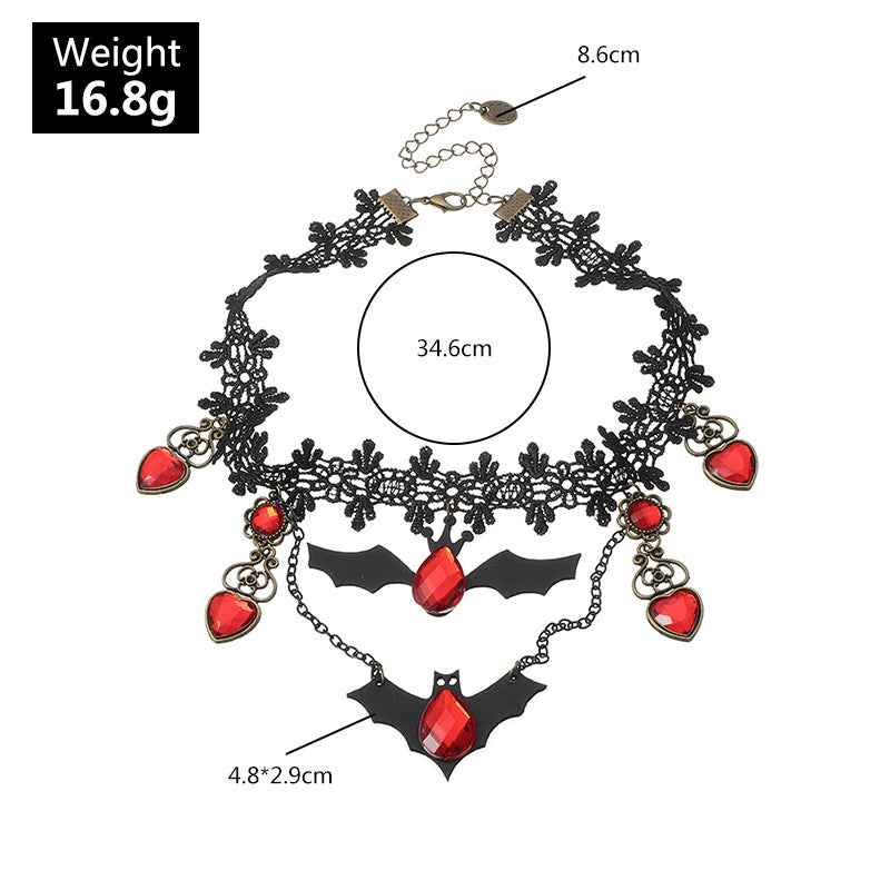 Gothic Lace Bat Choker Necklace with Red Crystal Charms from Mish Mash Market