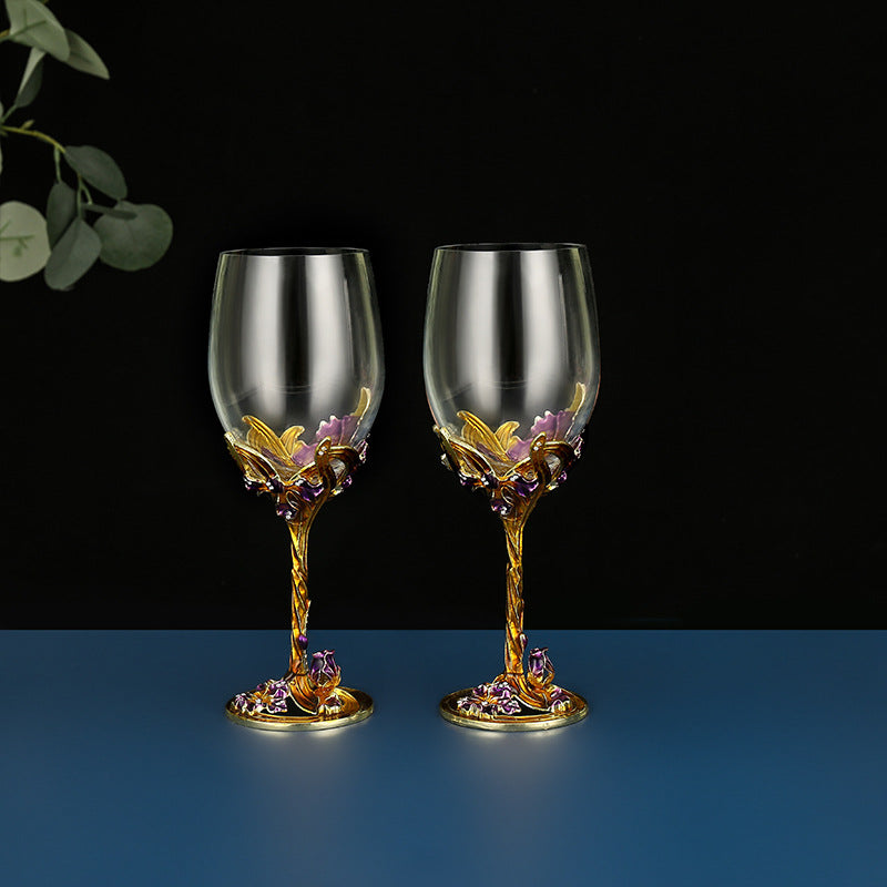 Iris Carved Enamel Red Wine Crystal Stemware Set of 2