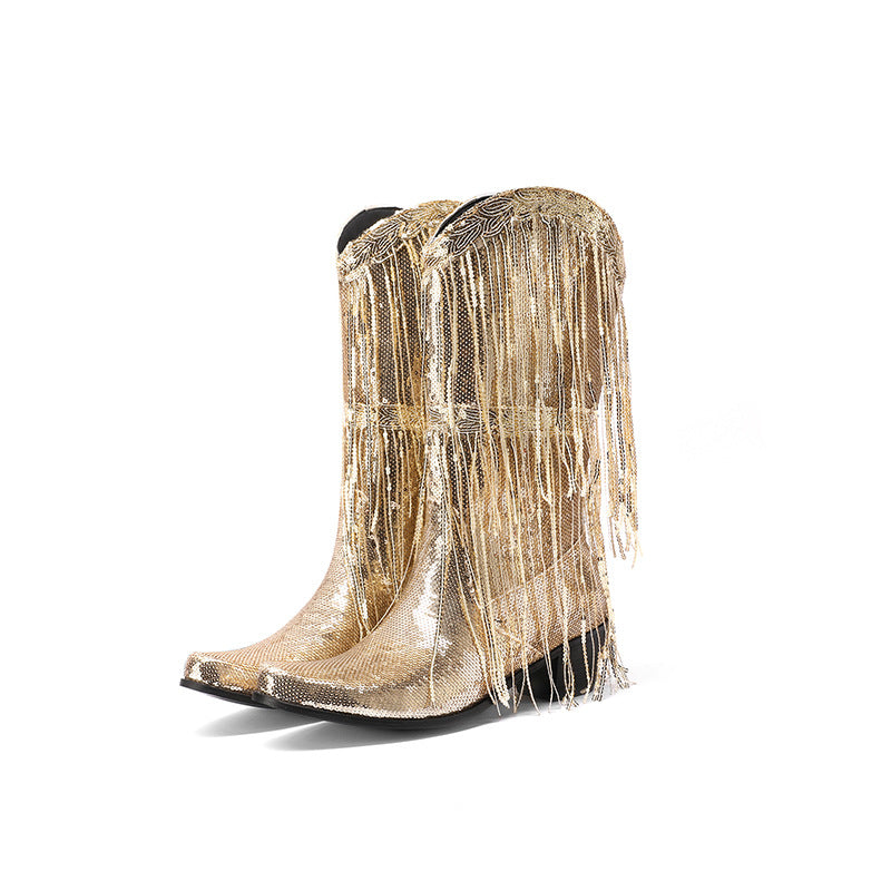 Shiny Glitter Western Boots with Tassels - Women's Mid-Calf Sequin Heeled Boots