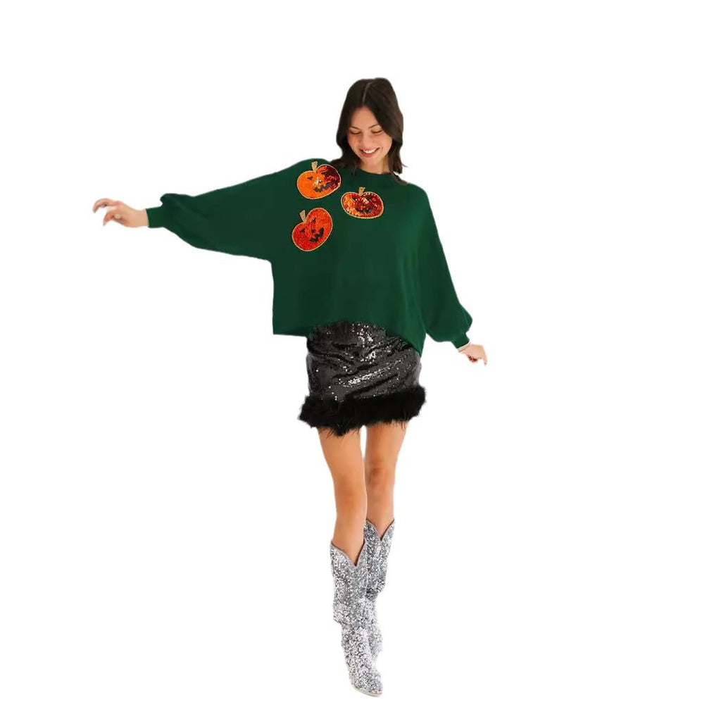 Women's Halloween Pumpkin Sequin Long Sleeve Hoodie - Loose Fit Casual Sweatshirt from Mish Mash Market