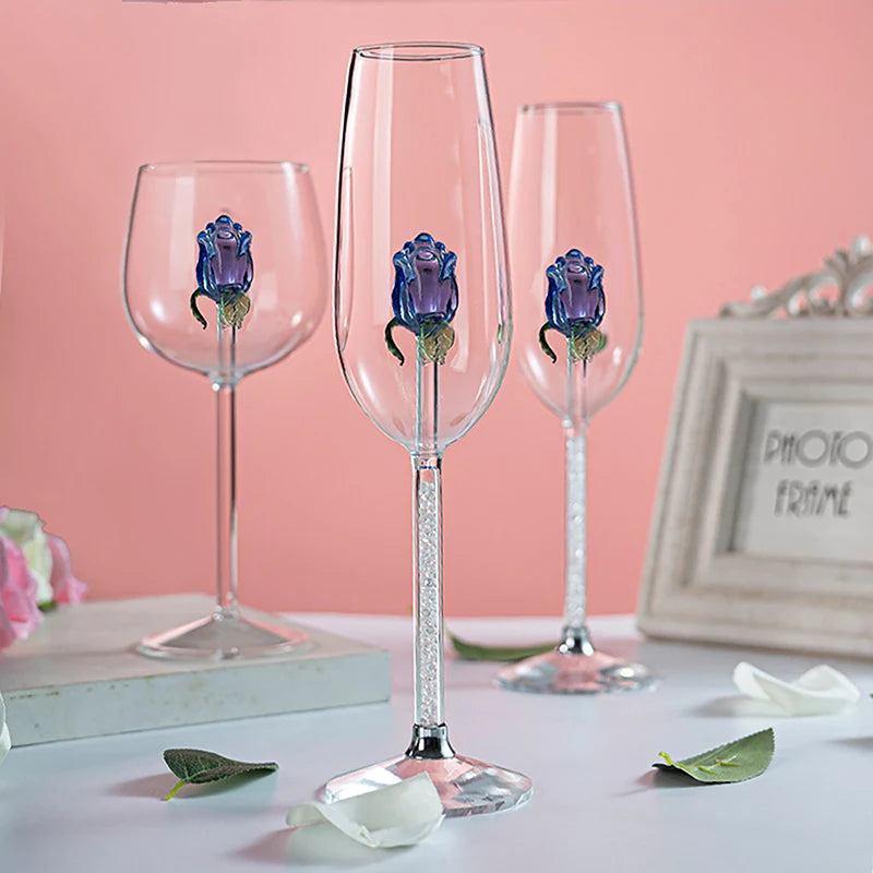 Handmade 3D Blue Rose Wine Glass – Elegant Crystal Flower Goblet from Mish Mash Market