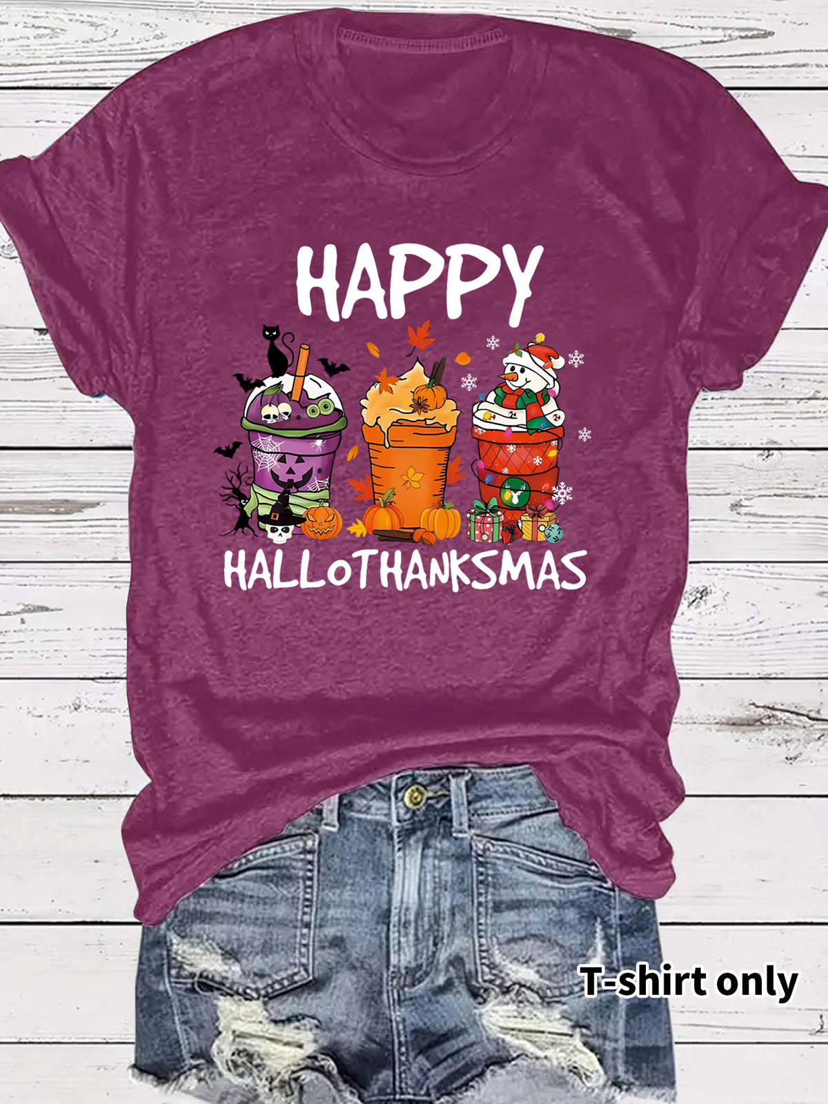 Women's Happy Hallothanksmas T-Shirt – Holiday Graphic Crew Neck Short Sleeve Top from Mish Mash Market