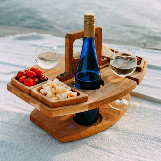 Portable Wooden Picnic Table & Wine Caddy | Outdoor Handcrafted Serving Tray