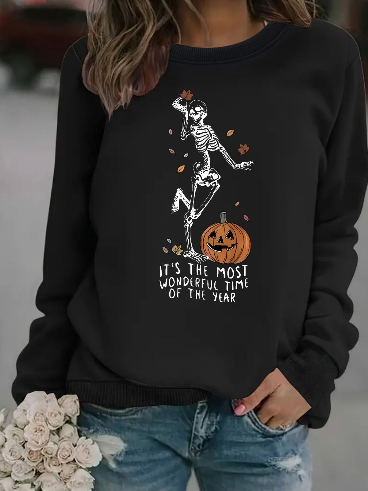 Pumpkin Skull Halloween Sweatshirt - Skeleton Graphic Print Pullover from Mish Mash Market