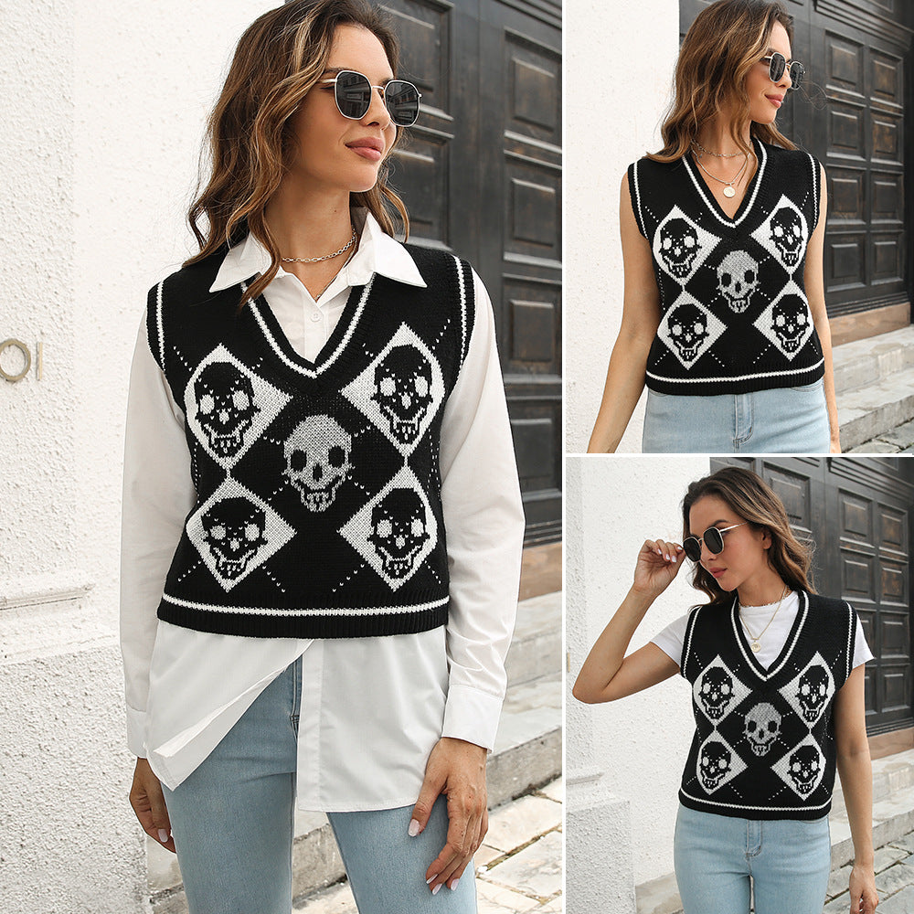 Gothic Skull Diamond Argyle Knit Vest – Women’s Autumn Sleeveless Sweater from Mish Mash Market