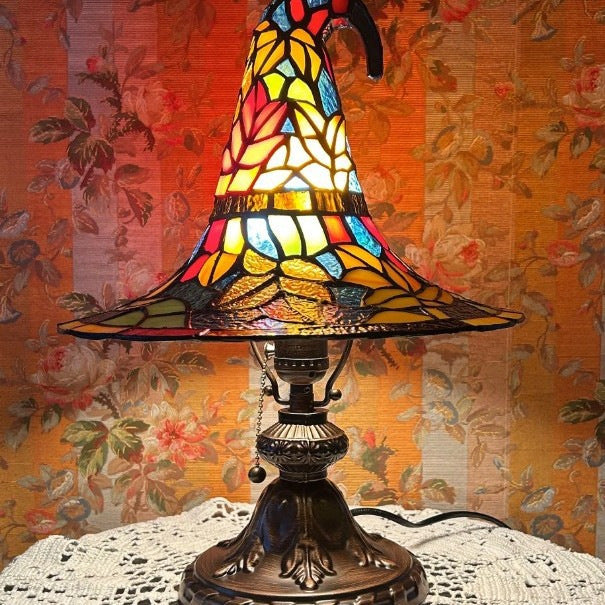 Stained Glass Witch Hat Table Lamp - USB Powered Halloween Resin Decor from Mish Mash Market