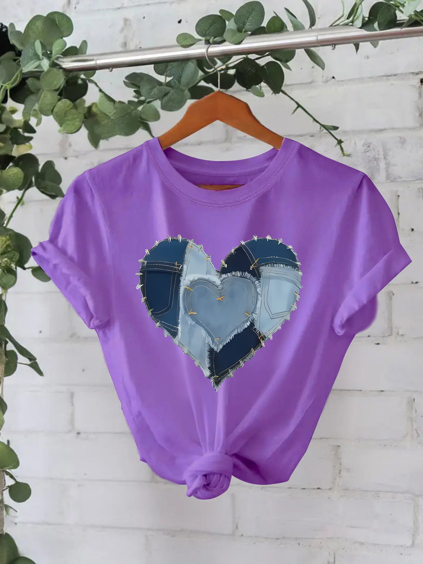 Western Cowboy Heart Graphic T-Shirt - Blue Denim Patch Print Short Sleeve Tee from Mish Mash Market