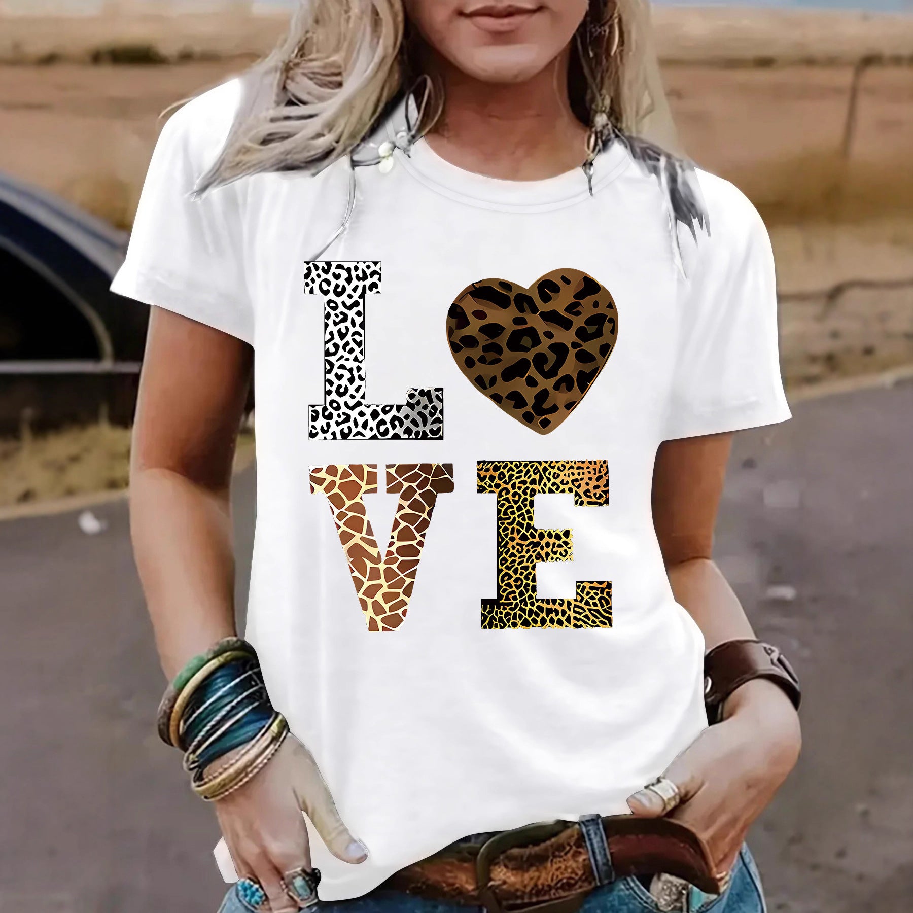 Women’s Leopard Print Love Heart T-Shirt – Short Sleeve Crew Neck Graphic Tee