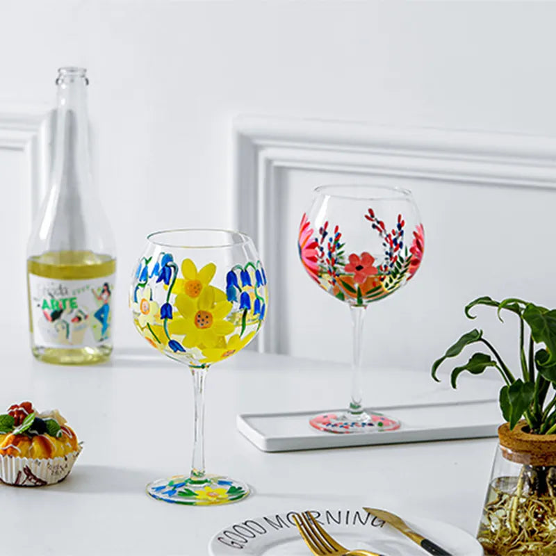 Nordic Hand-Painted Floral Wine Glass – Elegant Crystal Goblet for Weddings & Home