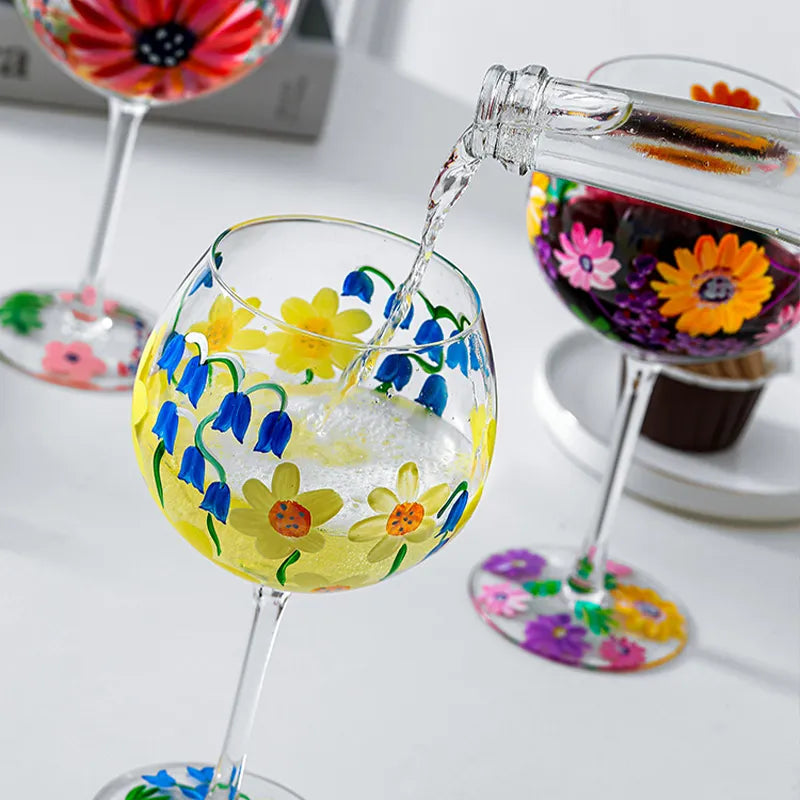 Nordic Hand-Painted Floral Wine Glass – Elegant Crystal Goblet for Weddings & Home