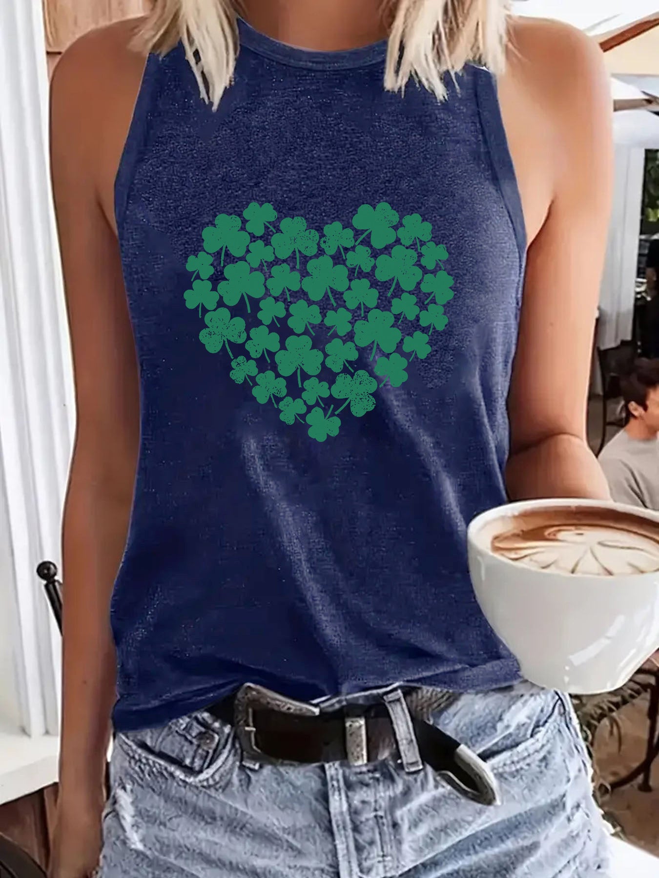 Lucky Clover Heart Printed Tank Top - Western Style Sleeveless Cotton Shirt from Mish Mash Market