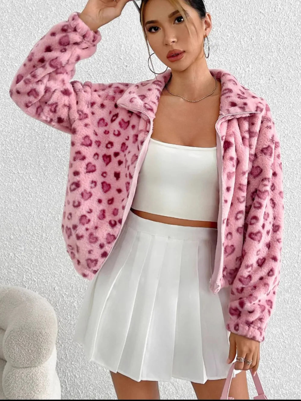 Women’s Valentine’s Day Love Print Faux Fur Jacket – Long Sleeved Zippered Plush Coat