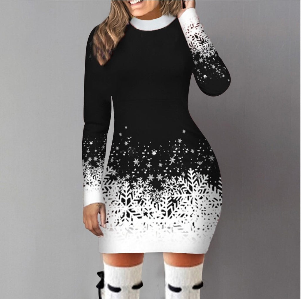 Women's Christmas Print Long Sleeve A-Line Dress