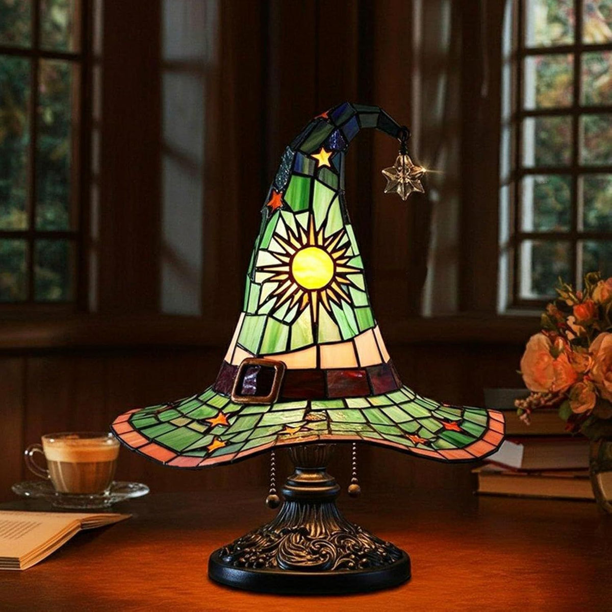 Stained Glass Witch Hat Table Lamp - USB Powered Halloween Resin Decor from Mish Mash Market