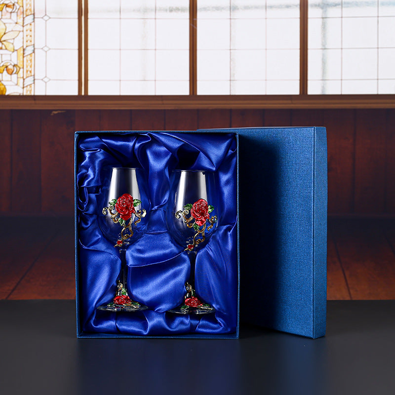 Handmade Enamel Crystal Wine Goblet with Vintage Floral Design and Matching Decanter from Mish Mash Market