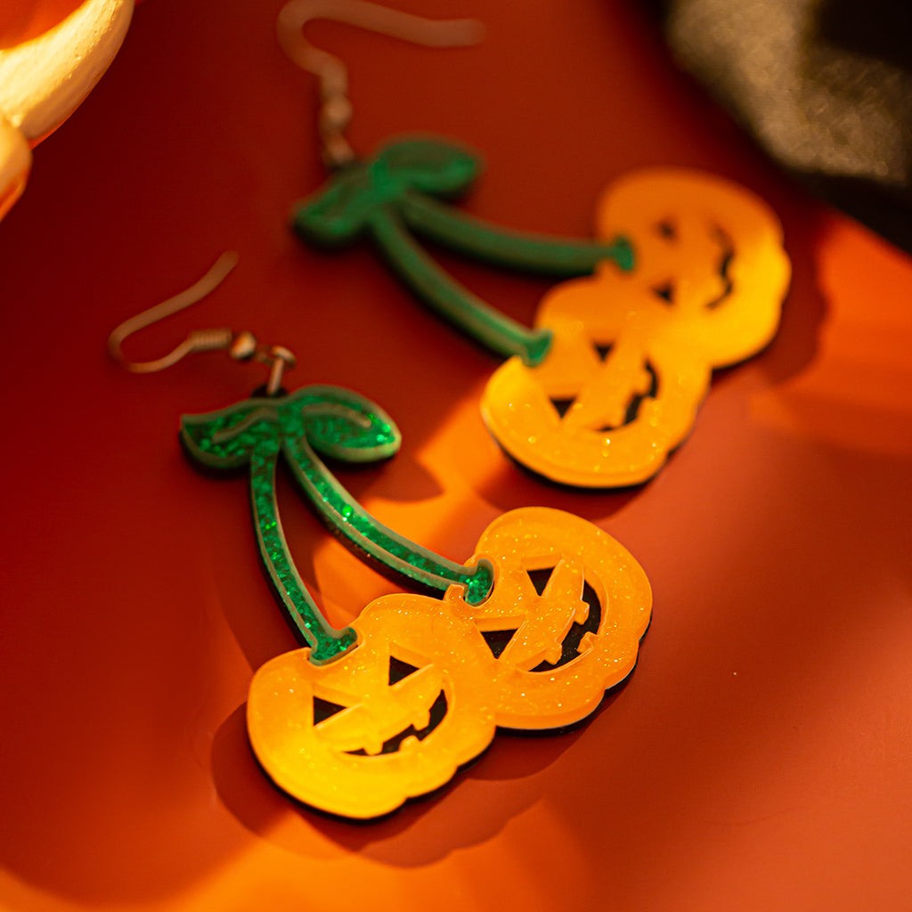 Halloween Pumpkin Cherry Acrylic Drop Earrings from Mish Mash Market