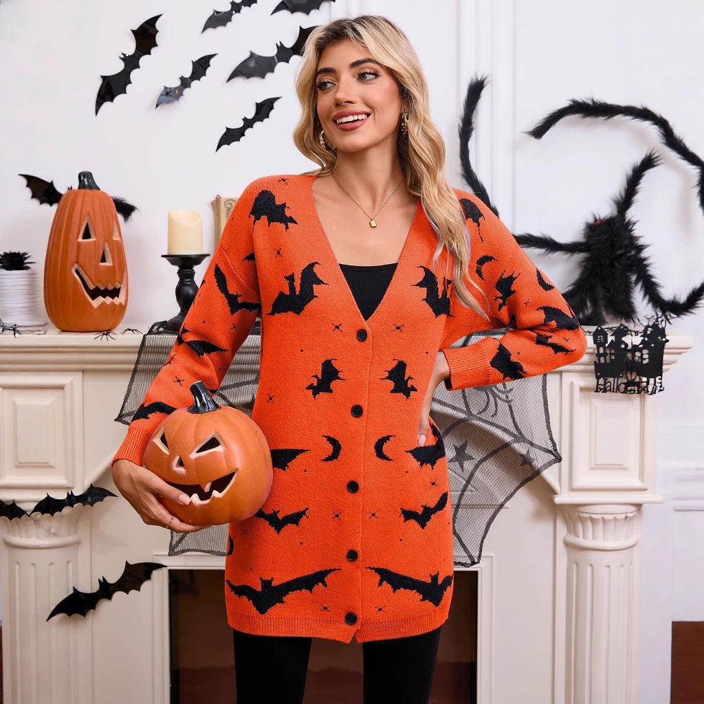 Women's Halloween Bat Jacquard Open-Front Knit Cardigan Sweater from Mish Mash Market