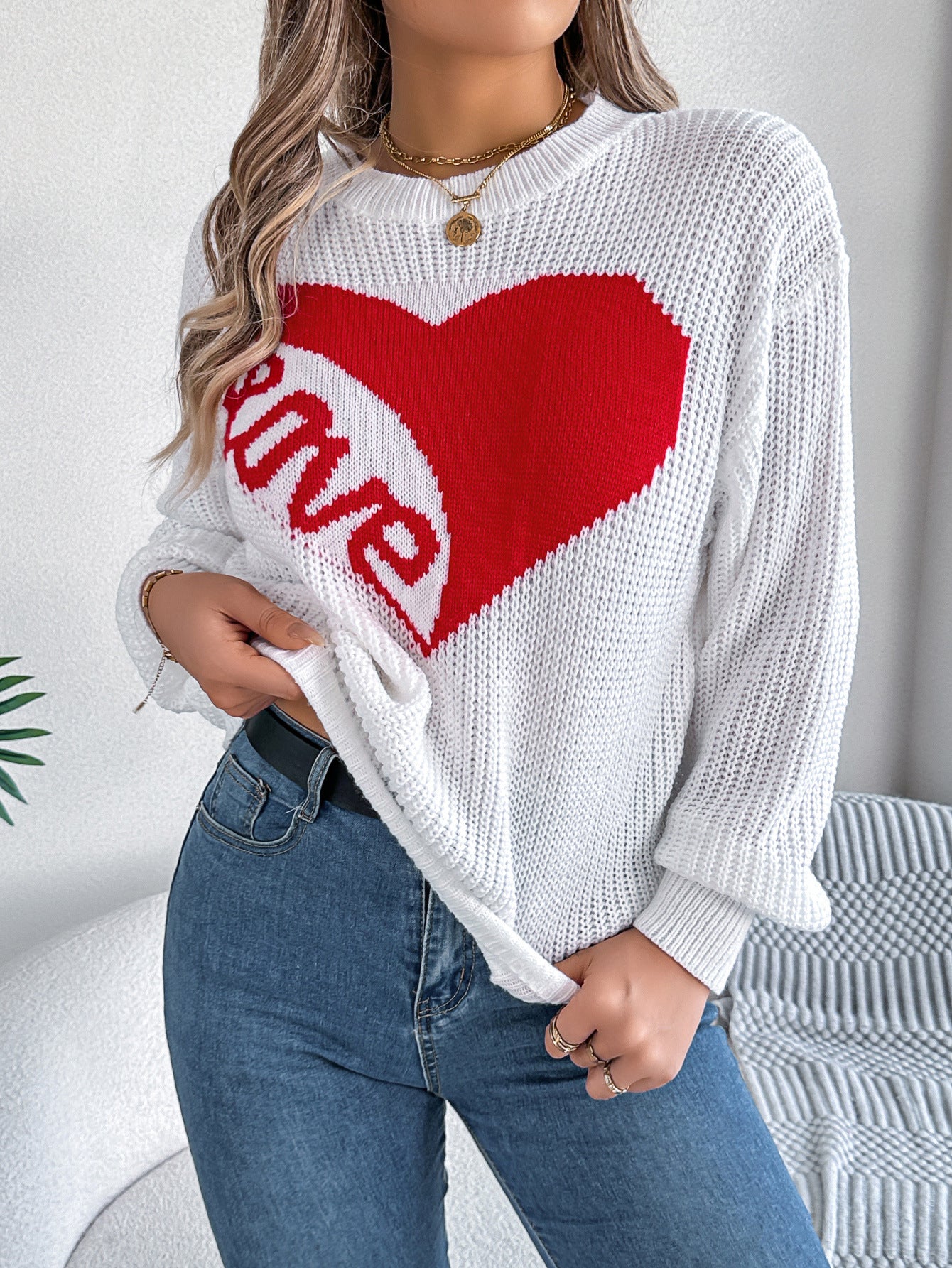 Red Heart Patch Long Sleeve Sweater – Women's Casual Valentine's Day Pullover from Mish Mash Market