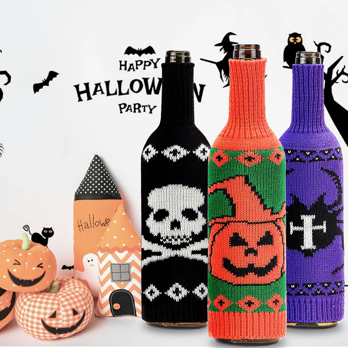 Halloween Knitted Wine Bottle Cover – Pumpkin, Skull, & Spider Table Decor from Mish Mash Market