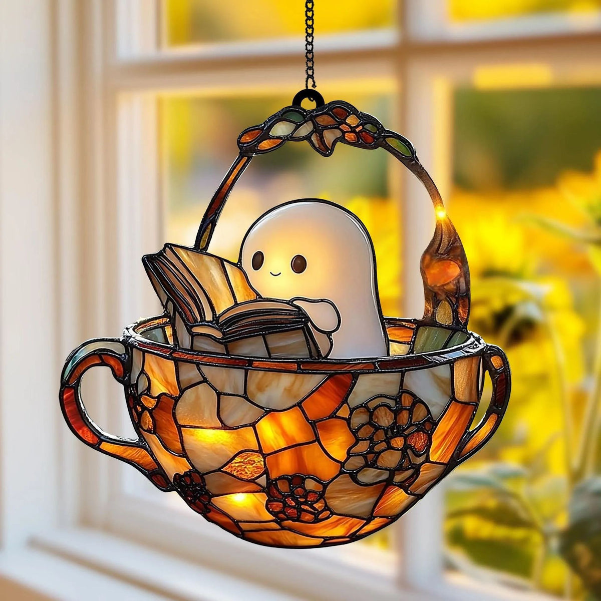 Stained Glass Ghost Reading Light Catcher Hanging Ornament - Halloween Window Decoration from Mish Mash Market