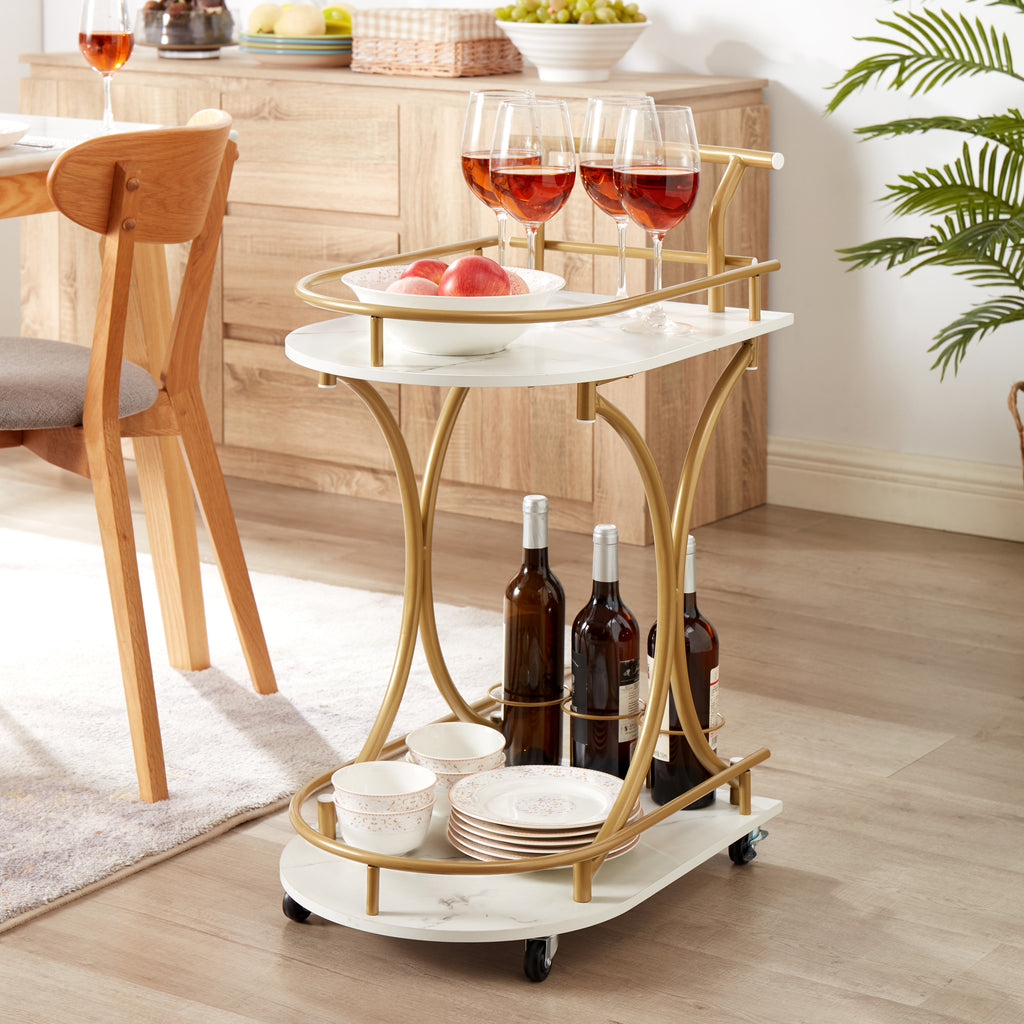 2-Tier Industrial Gold Bar Cart – Mobile Wine & Beverage Serving Trolley