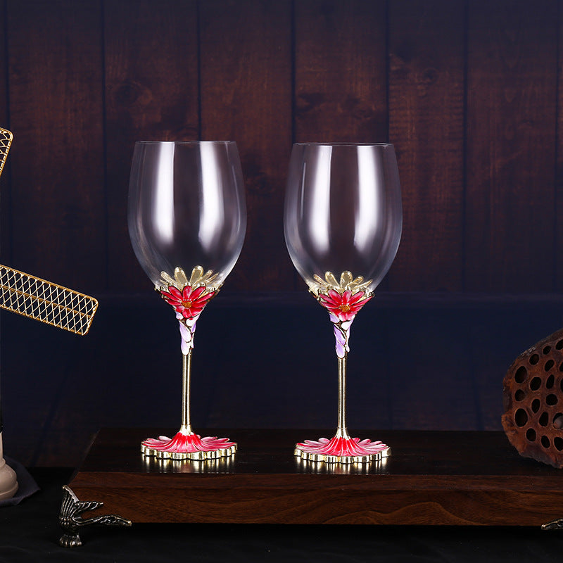 European Handcrafted Enamel Flower Motif Crystal Red Wine Glass