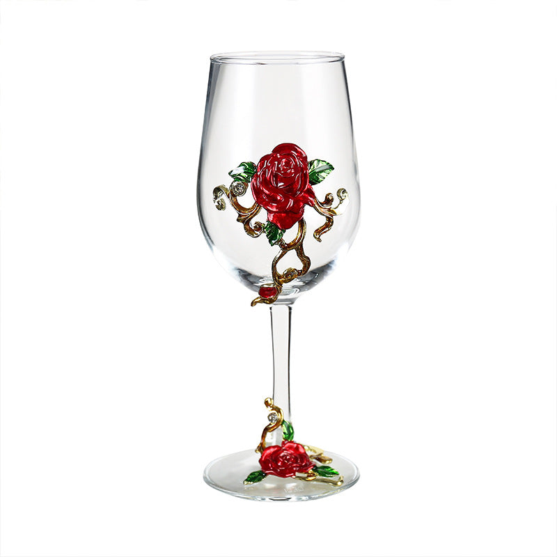 Handmade Enamel Crystal Wine Goblet with Vintage Floral Design and Matching Decanter