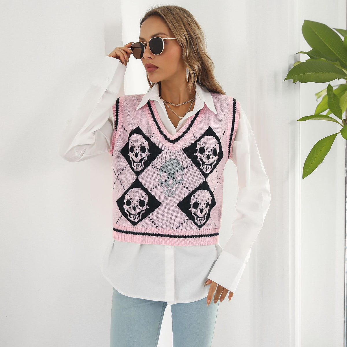 Gothic Skull Diamond Argyle Knit Vest – Women’s Autumn Sleeveless Sweater from Mish Mash Market