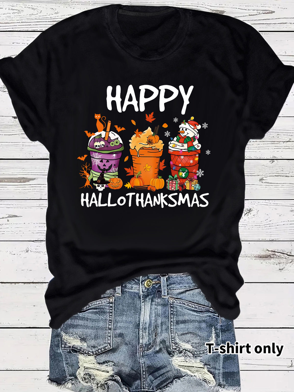 Women's Happy Hallothanksmas T-Shirt – Holiday Graphic Crew Neck Short Sleeve Top from Mish Mash Market