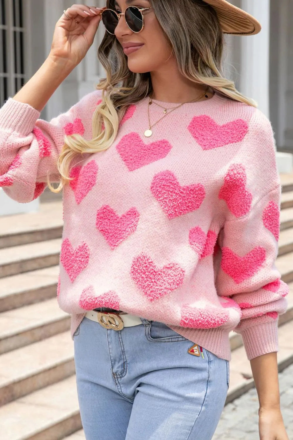 Women's Valentine's Day Heart Jacquard Sweater - Casual Round Neck Knit from Mish Mash Market